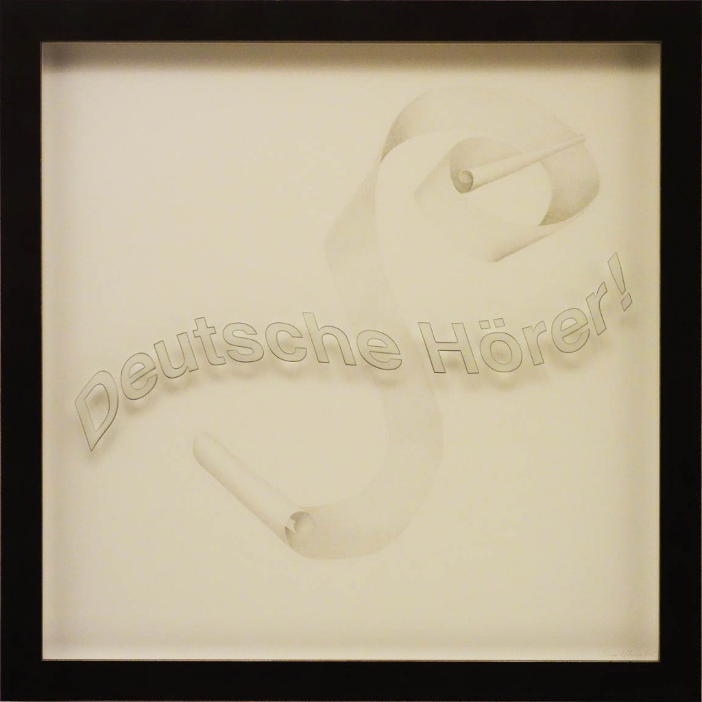Ken Aptekar, Deutsche Hörer! 2015, 60cm x 60cm, silverpoint on clay-coated paper (“Listen Up, Germans!”) Note: title of radio series against Hitler written by Lübeck author, Thomas Mann, and broadcast during WWII to Germany by the BBC in London 