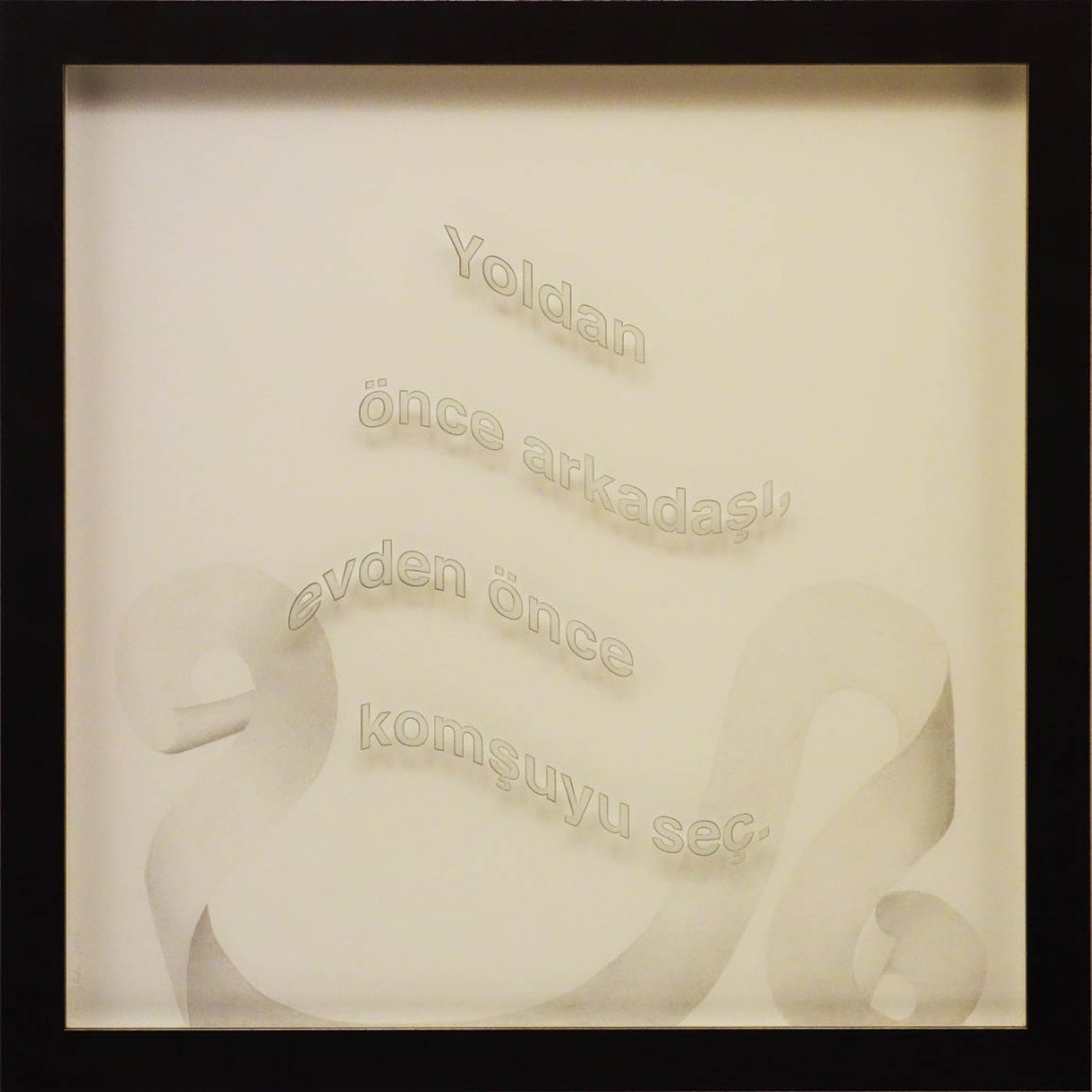 Ken Aptekar, Yoldan önce arkadaşı, 2015, 60cm x 60cm, silverpoint on clay-coated paper (“Don't choose which house to buy, get a good neighbor.”)