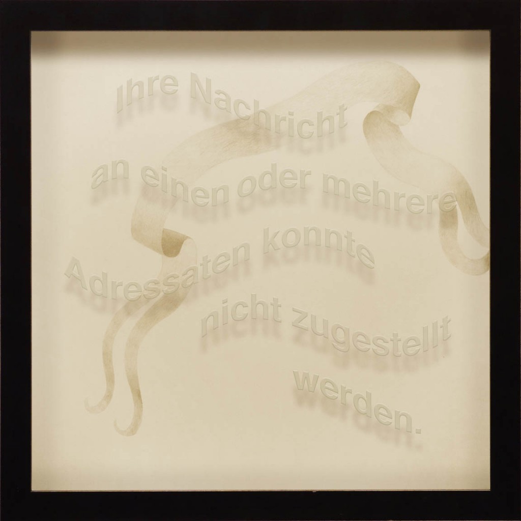 Ken Aptekar, Ihre Nachricht, 2015, 60cm x 60cm, silverpoint on clay-coated paper (“Your message could not be delivered to one or more of the addresses.”) 