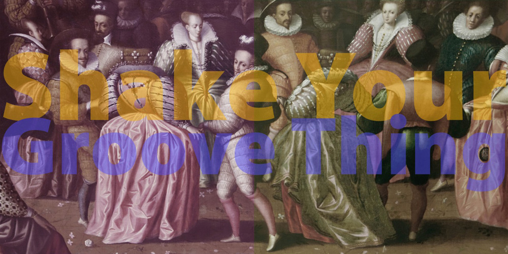 SHAKE YOUR GROOVE THING, 30" x 60" (76cm x 152.5cm) diptych, after anonymous French artist, XVI century, Bal a la cour d'Henri II, (Ball at the court of Henry II) , Paris, Louvre; TEXT: “Shake Your Groove Thing,” Dino Fekaris & Freddie Perren, 1978, on Peaches & Herb album, “2 Hot” 