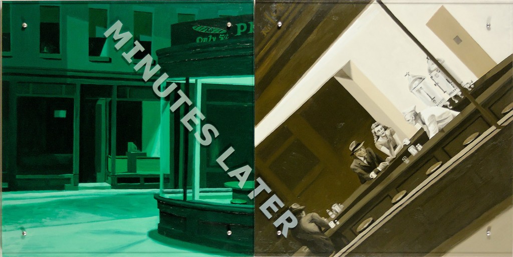 Ken Aptekar, MINUTES LATER, 2006 37" x 74" (94cm x 188cm),  diptych, oil on wood, sandblasted glass, bolts  After Edward Hopper, Nighthawks, 1942