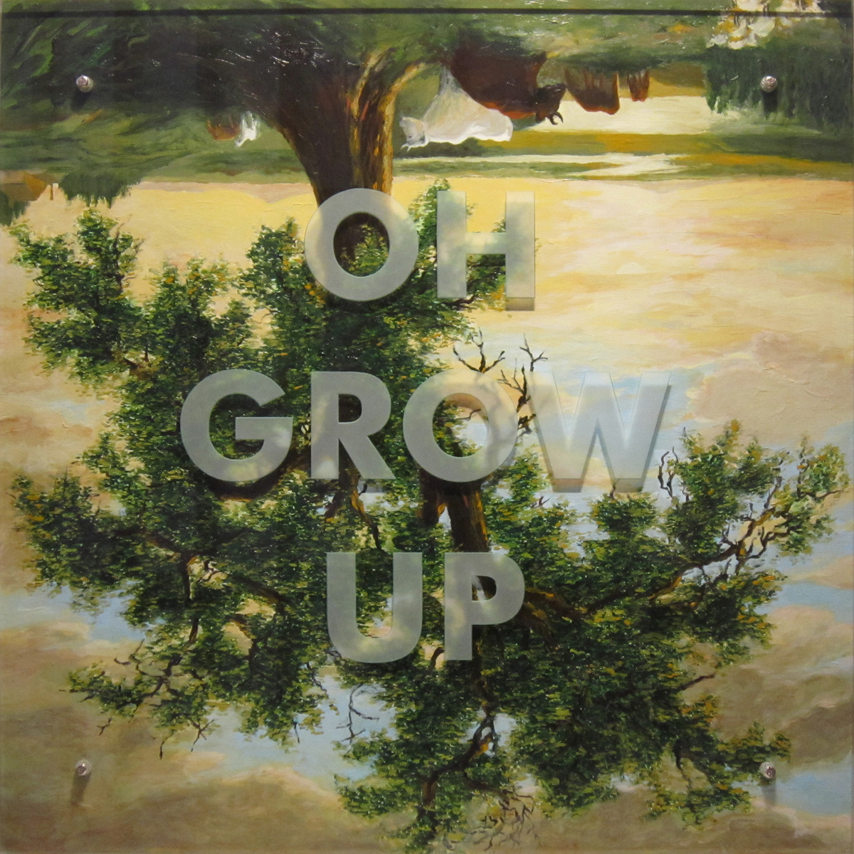 Ken Aptekar, OH GROW UP, 2011, 35" x 35", oil/wood, sandblasted glass, bolts After Asher Durand, The Solitary Oak (The Old Oak), 1844, NY Historical Society