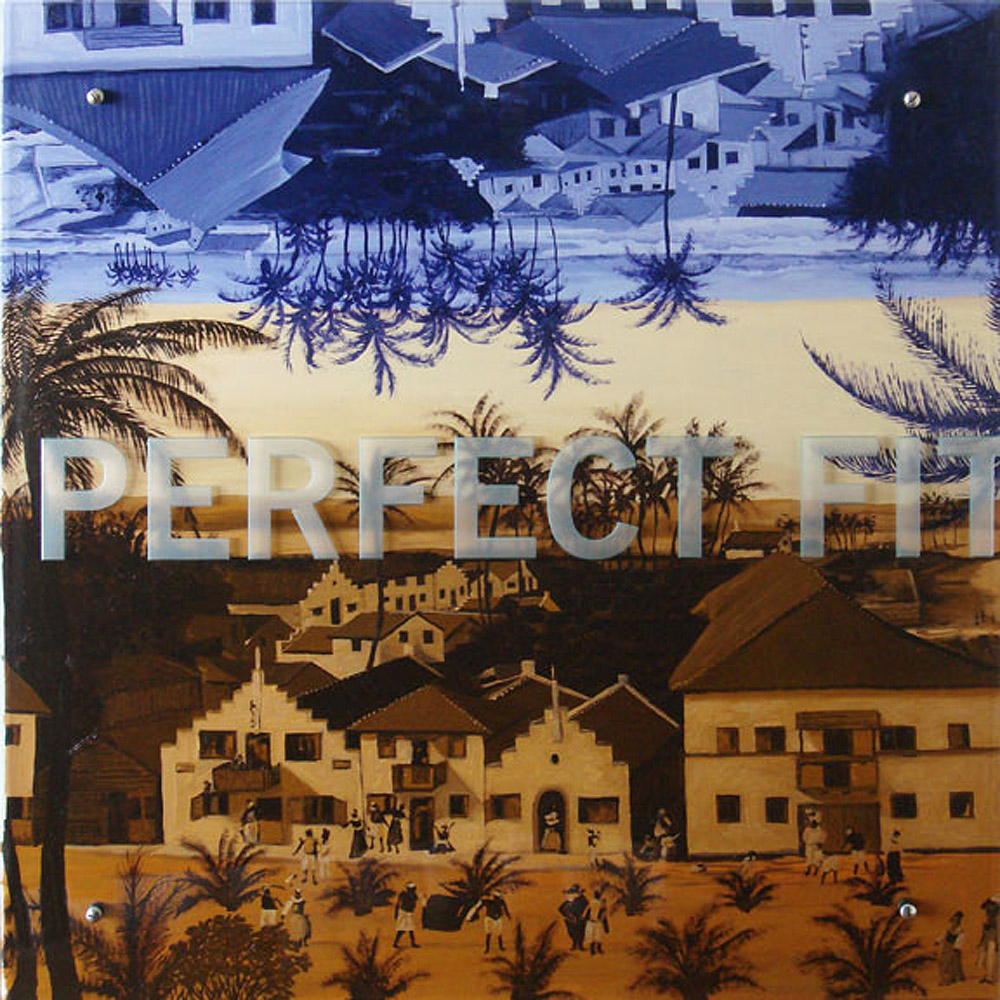 Ken Aptekar, PERFECT FIT, 2007 37" x 37" (94cm x 94cm), oil on wood, sandblasted glass, bolts After Frans Post, View of Mauritsstad and Recife, 1653; Private Collection, Sao Paulo TEXT: PERFECT FIT