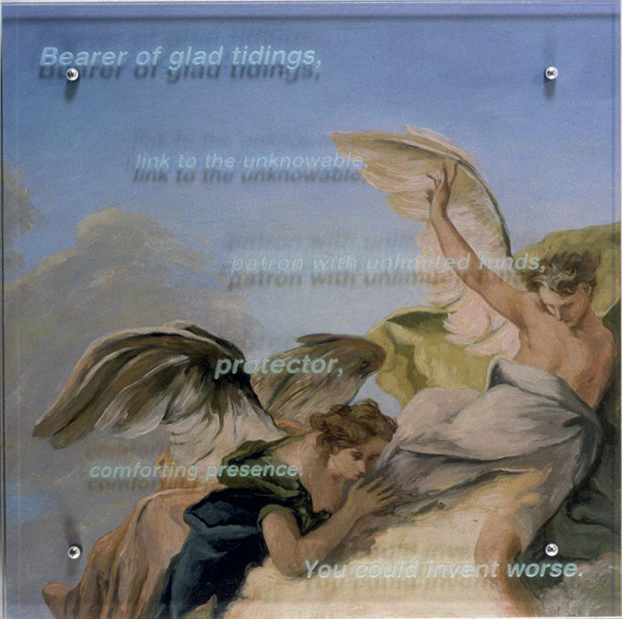 30” x 30” (76.5cm x 76.5cm), oil/wood, sandblasted glass, bolts TEXT IN GLASS: Bearer of glad tidings, link to the unknowable, patron with unlimited funds, protector, comforting presence. You could invent worse. After Giambattista Pittoni, Christ giving the key of Paradise to St. Peter, mid-18th c., Musée du Louvre, Paris