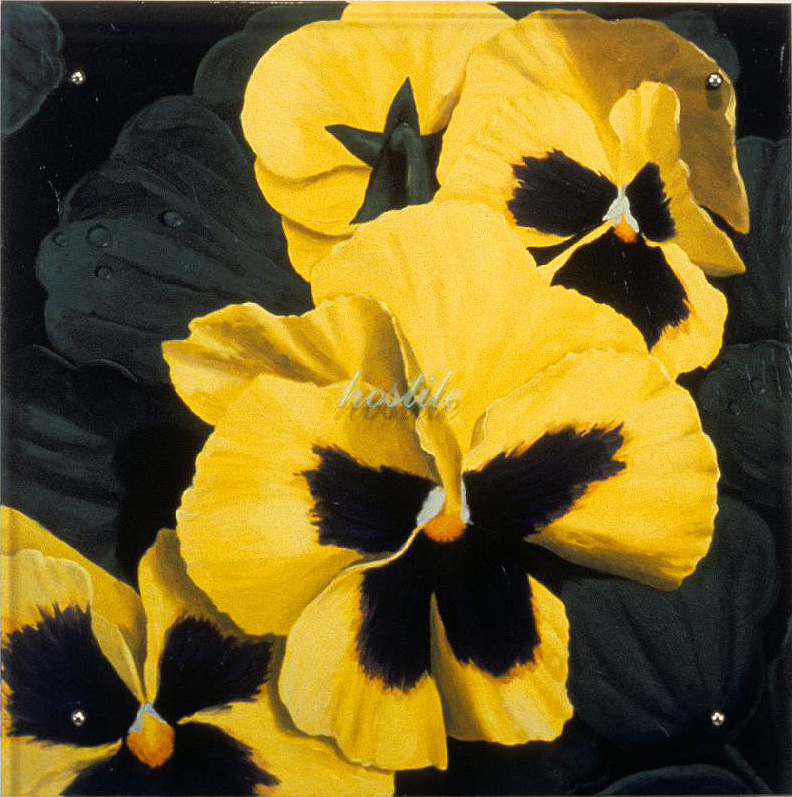 Hostile (yellow), 30" x 30" oil on wood, sandblasted glass, bolts