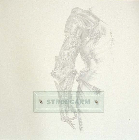 Strongarm, 20" x 20" (51cm x 51cm) silverpoint on paper, sandblasted glass, bolts